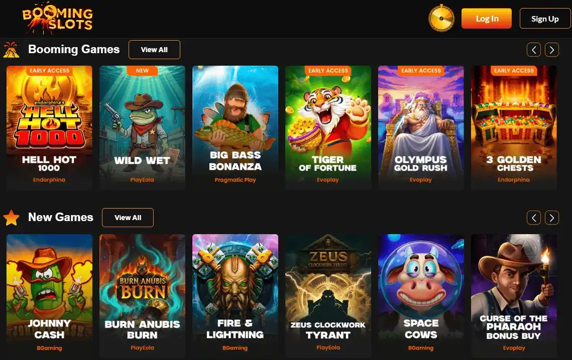 BoomingSlots casino games homepage screenshot