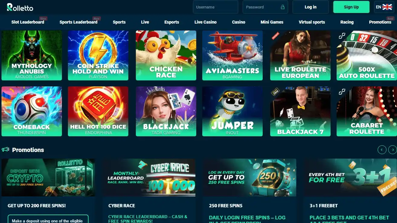 Rolletto casino games homepage screenshot